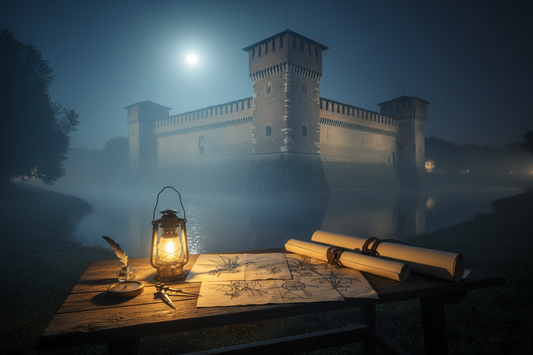 Cinematic night shot of the Sforza Castle in Milan during the Renaissance. Foggy atmosphere, moonlight reflecting on the moat. In the foreground, a wooden table with rolled-up engineering blueprints, sketches of flying machines, and a brass compass. Warm lantern light, dark moody shadows, hyper-realistic, 8k.